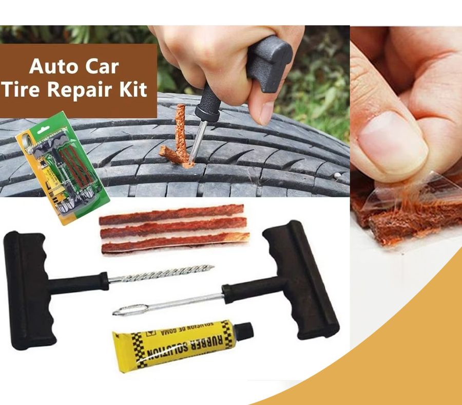 Le kit de réparation : outils à poignée, mèches et tube de colle, et une réparation sur un pneu
